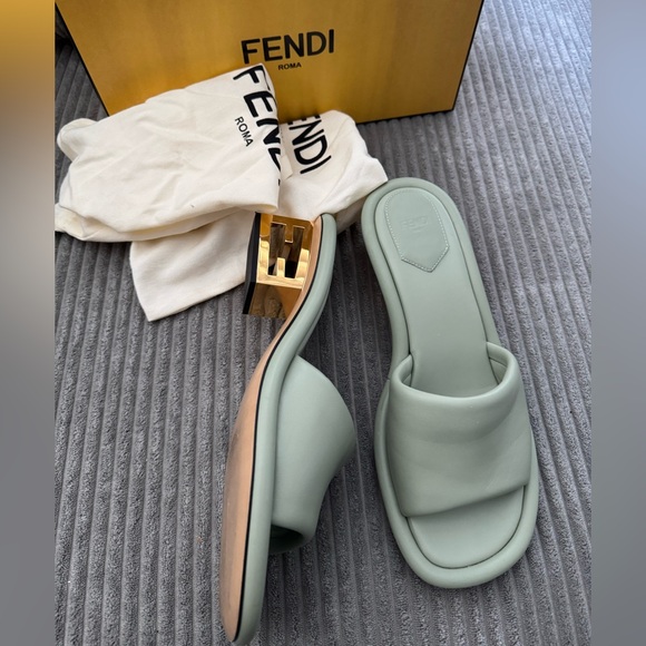 Fendi Shoes - Fendi Nappa Baguette 60mm Slide Sandals Green Slide Sandals with Gold Heel